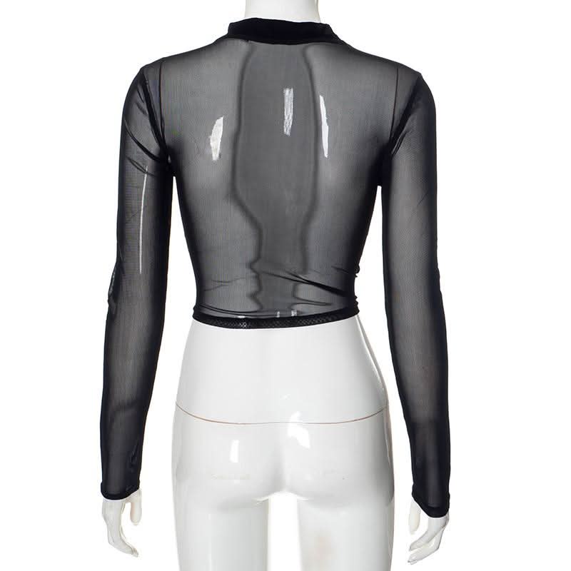 High neck mesh velvet patchwork long sleeve crop top