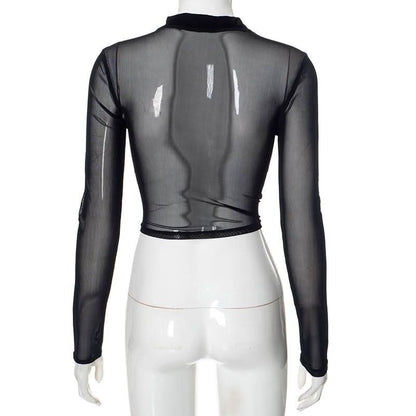High neck mesh velvet patchwork long sleeve crop top