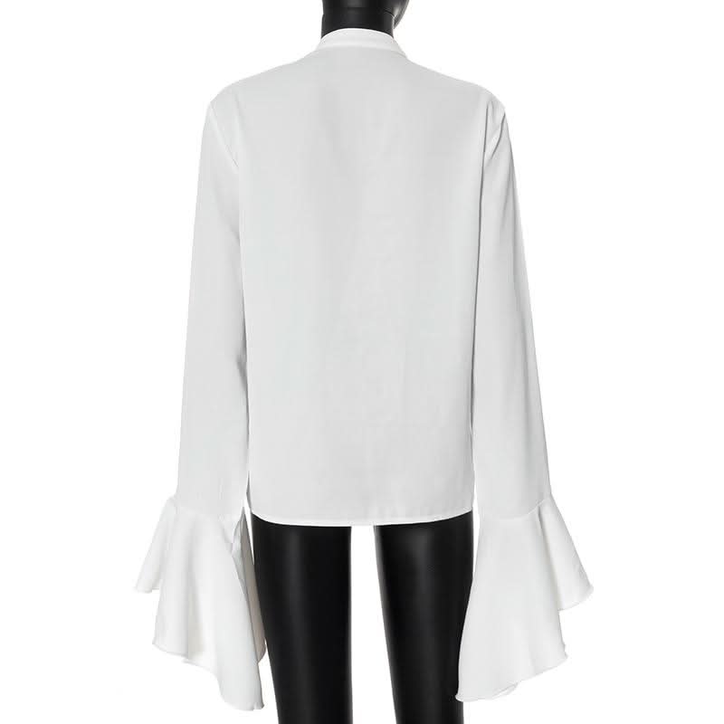 Long flared sleeve ruched ruffle button solid top