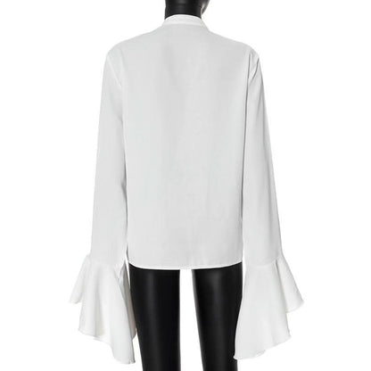 Long flared sleeve ruched ruffle button solid top