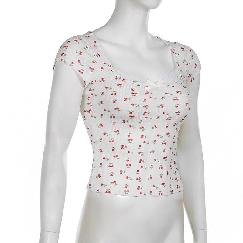 Cap sleeve textured cherry print bowknot lace hem top