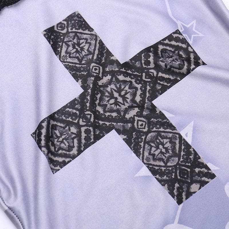 Long flared sleeve off shoulder cross print lace cami maxi dress