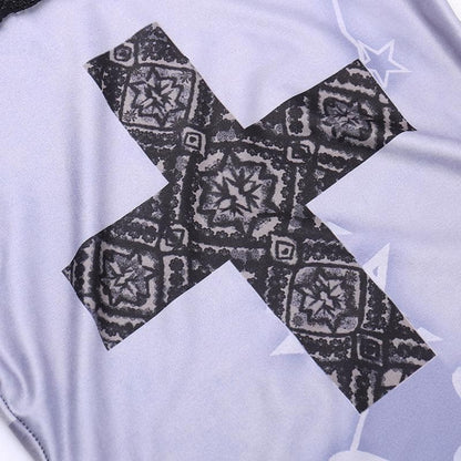 Long flared sleeve off shoulder cross print lace cami maxi dress