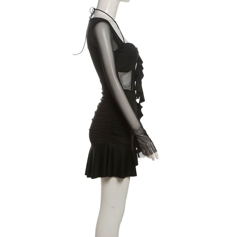 Long sleeve halter mesh ruched ruffle mini dress