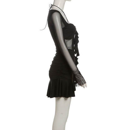 Long sleeve halter mesh ruched ruffle mini dress