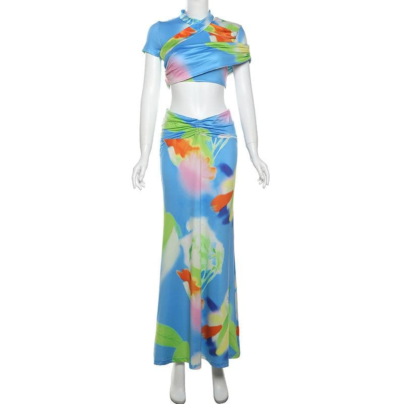 Short sleeve ruched contrast print maxi skirt set-final-sale