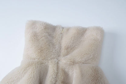 Turnover collar long sleeve fluffy zip-up top