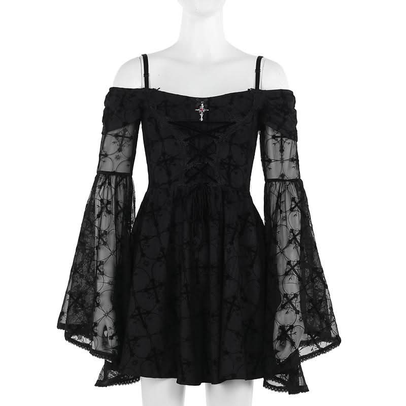 Long flared sleeve off shoulder cross applique mini dress
