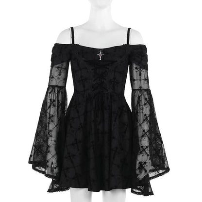 Long flared sleeve off shoulder cross applique mini dress