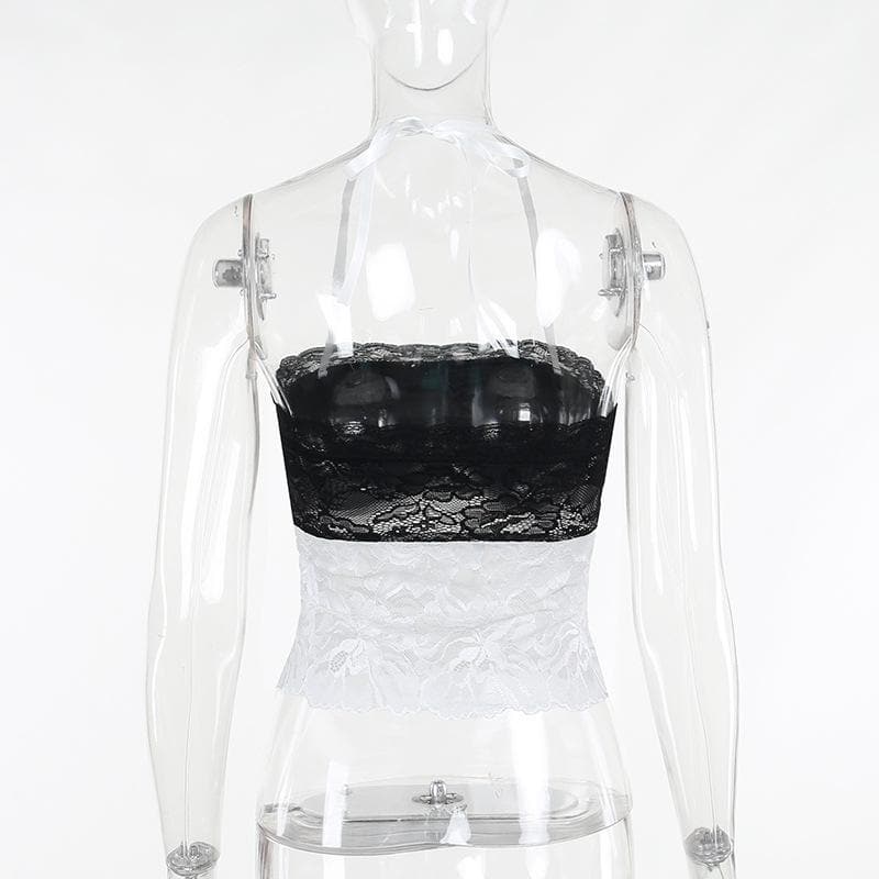 Halter bowknot lace contrast backless see through crop top