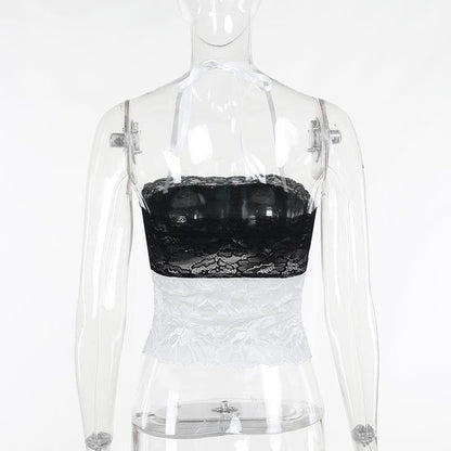 Halter bowknot lace contrast backless see through crop top