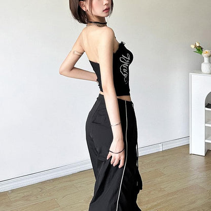 Lace hem button print tube backless solid top