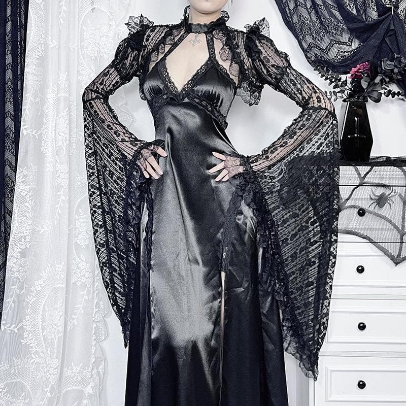 Long flared sleeve lace ruffle shrug top