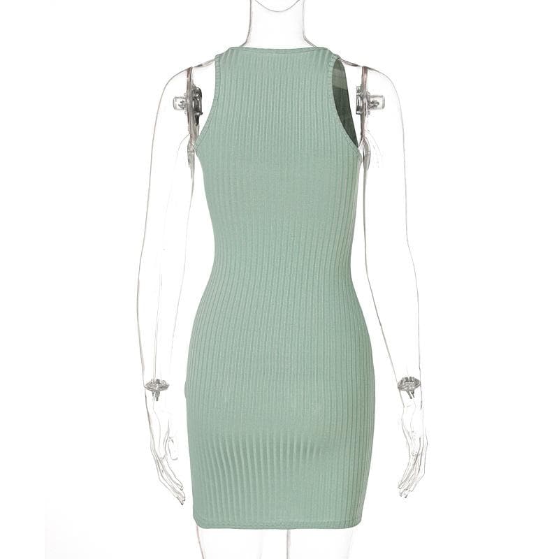 Ribbed Zip Front Deep V Halter Neck Bodycon Mini Dress