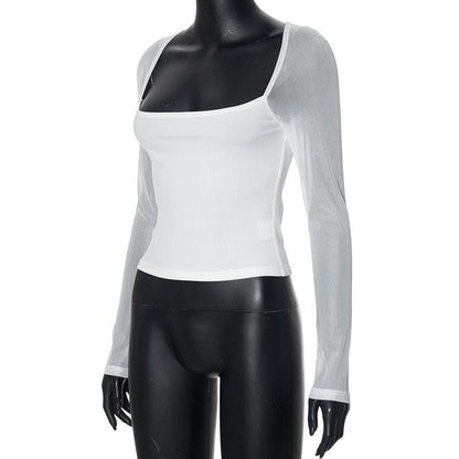 Long sleeve square neck ribbed patchwork top