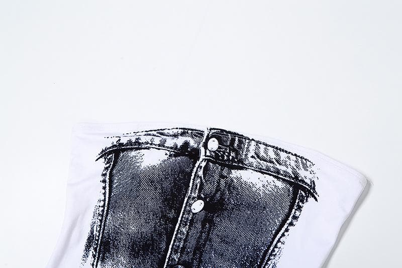 Contrast denim print slit backless tube maxi skirt set-final-sale