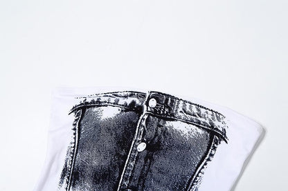 Contrast denim print slit backless tube maxi skirt set-final-sale