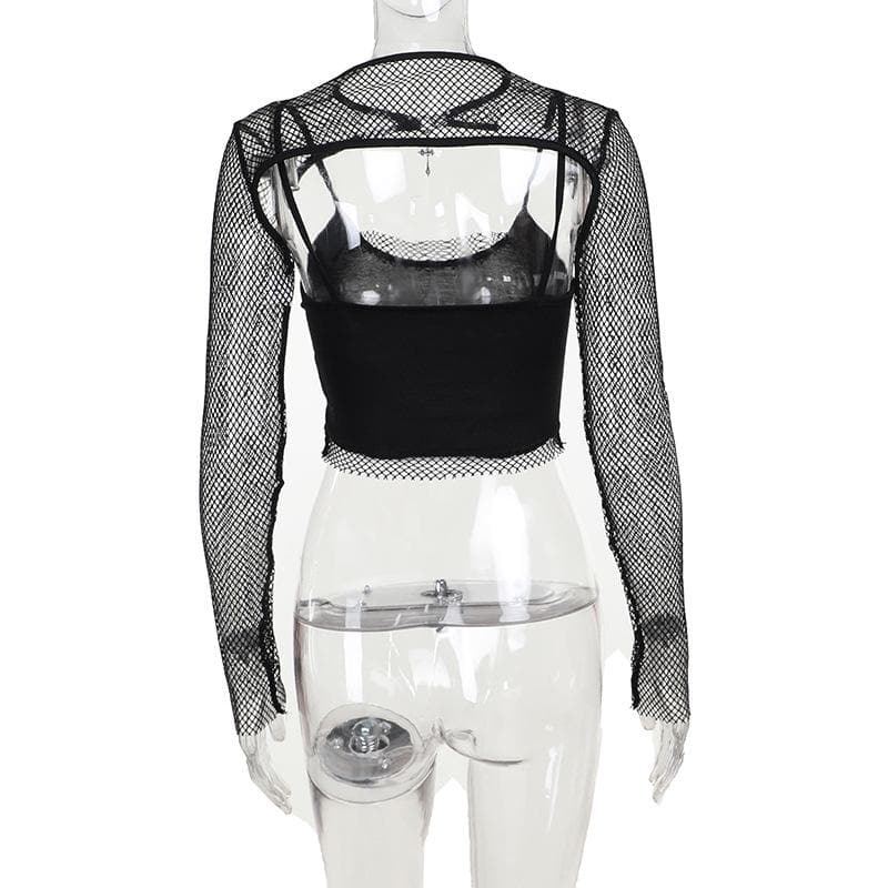 Long sleeve fishnet shrug cross applique 2 piece top