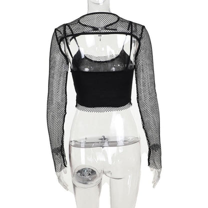 Long sleeve fishnet shrug cross applique 2 piece top