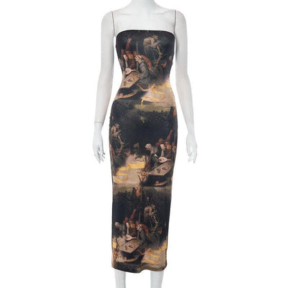 Print backless contrast tube midi dress