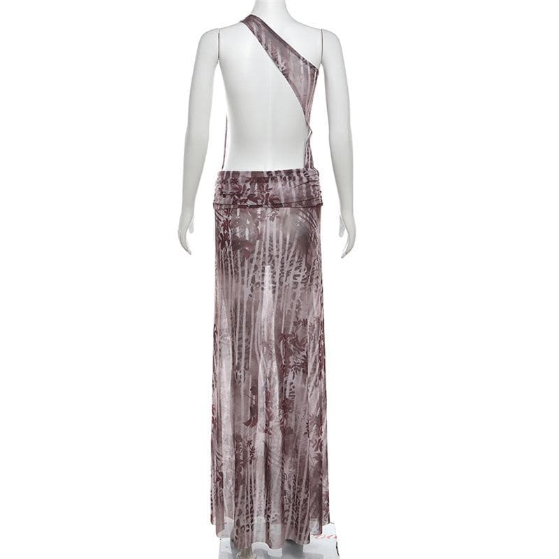 One shoulder irregular hollow out high slit print cut out maxi dress