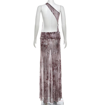 One shoulder irregular hollow out high slit print cut out maxi dress