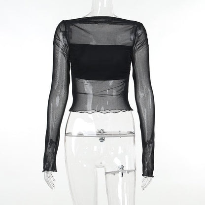 Long sleeve ruffle ruched mesh patchwork solid 2-way top
