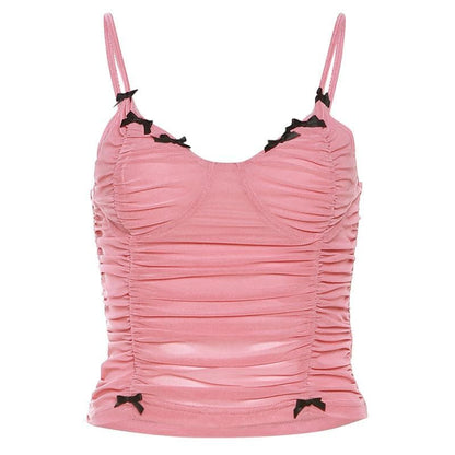 Bowknot mesh ruched v neck backless cami top