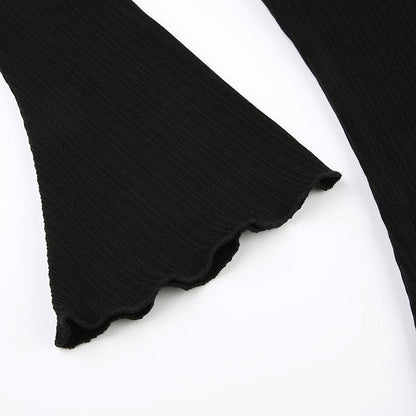 Long flared sleeve crewneck ribbed ruffle solid top