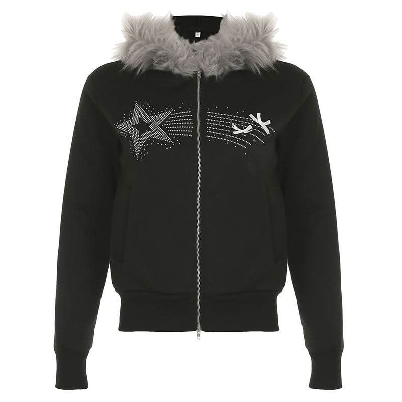 Zip-up beaded fluffy hoodie bowknot long sleeve top