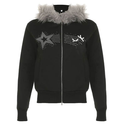 Zip-up beaded fluffy hoodie bowknot long sleeve top