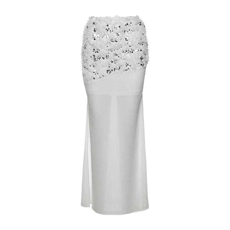 Glitter mesh patchwork fluffy maxi skirt