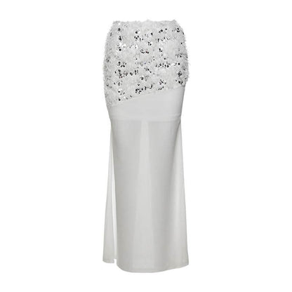 Glitter mesh patchwork fluffy maxi skirt