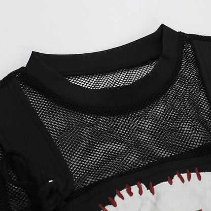 Crewneck long sleeve demon embroidery fishnet patchwork top