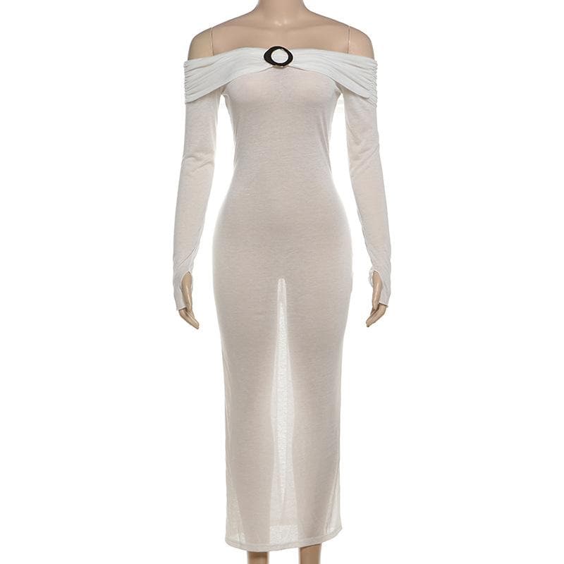 Off shoulder long sleeve metal applique midi dress