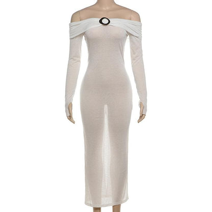 Off shoulder long sleeve metal applique midi dress