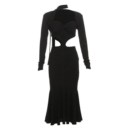 Long sleeve sweetheart neck shrug 2 piece hollow out cut out maxi dress
