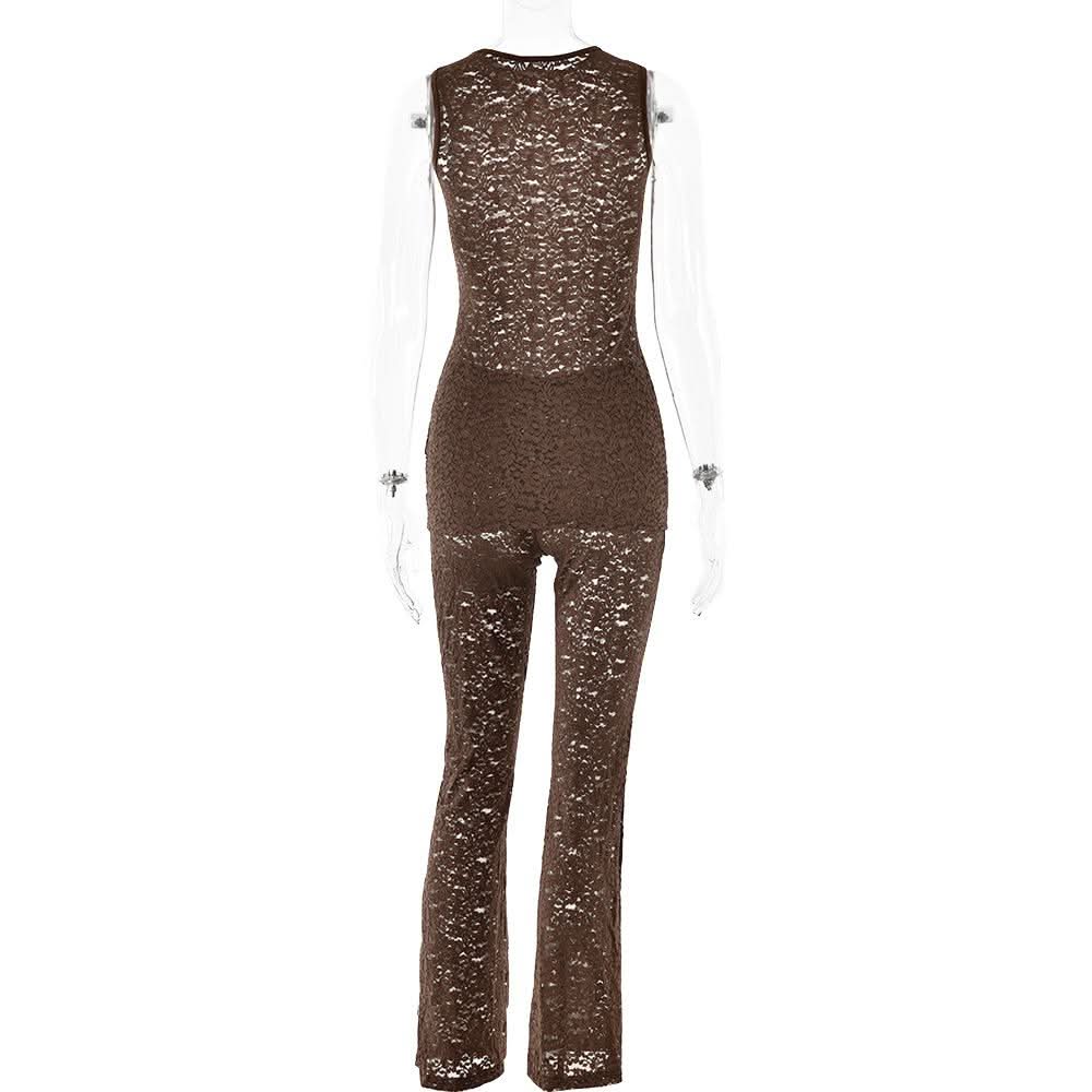 Crewneck lace sleeveless solid medium rise pant set