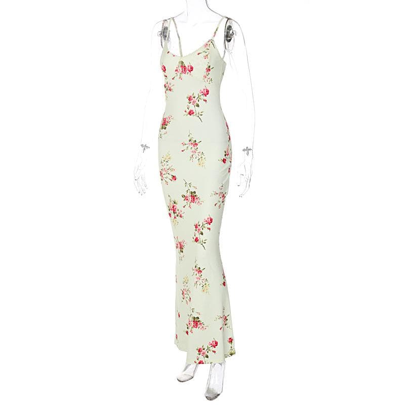 Floral Print Lace Trim V-Neck Spaghetti Strap Bodycon Maxi Dress