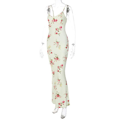 Floral Print Lace Trim V-Neck Spaghetti Strap Bodycon Maxi Dress