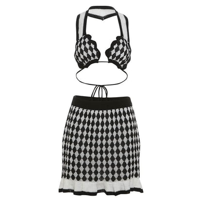 Halter self tie knitted plaid backless mini skirt set
