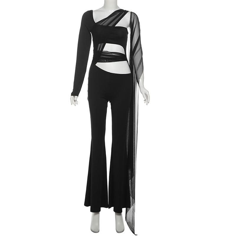 Long sleeve mesh patchwork hollow out jumpsuit