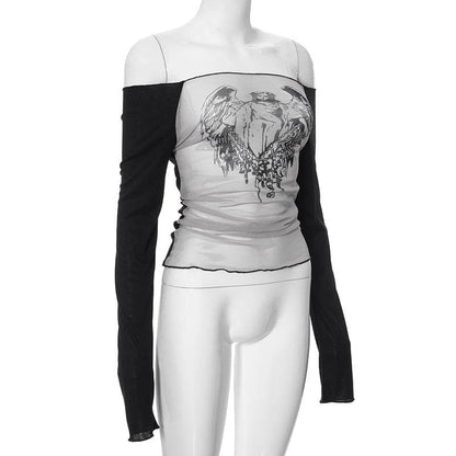 Long sleeve off shoulder ruched sheer mesh Jesus print top