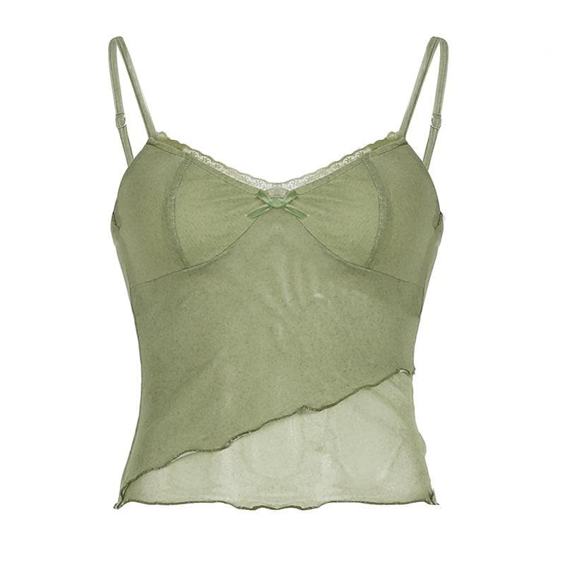 Lace hem ruffle irregular mesh bowknot cami top