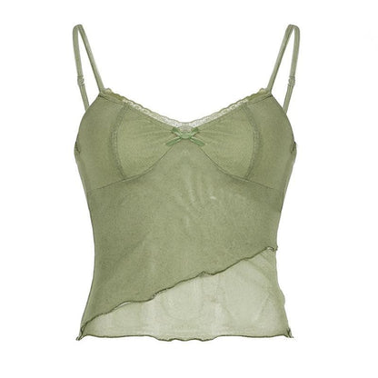 Lace hem ruffle irregular mesh bowknot cami top
