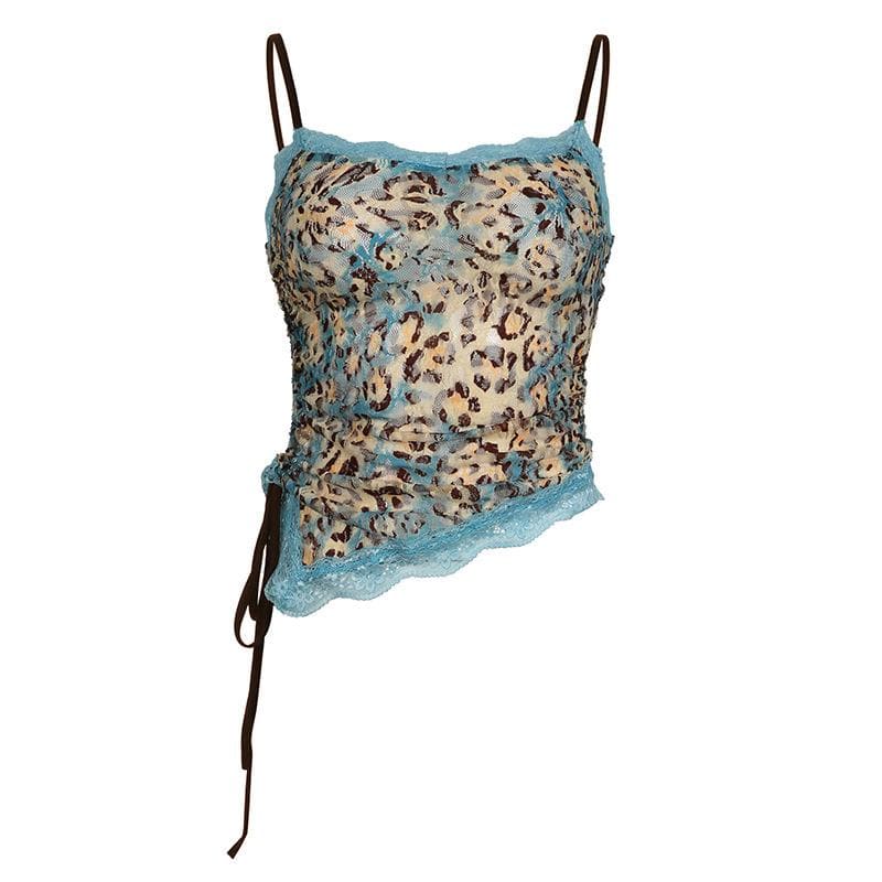 Lace leopard print irregular knotted cami top