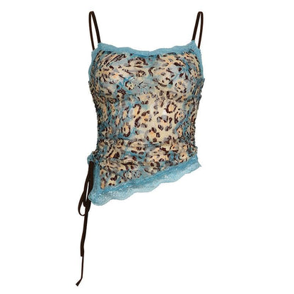 Lace leopard print irregular knotted cami top
