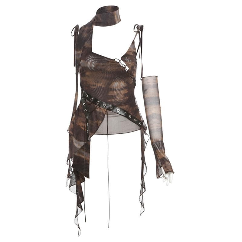 Glove tie dye sheer mesh patchwork ruffle top