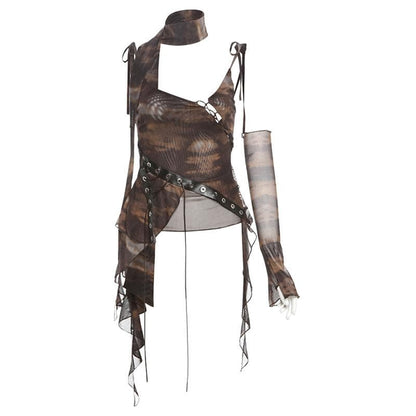 Glove tie dye sheer mesh patchwork ruffle top