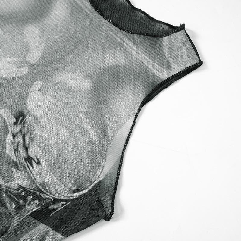 Sleeveless crewneck body print sheer mesh maxi dress